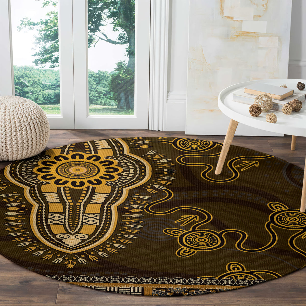 Gold African Dashiki With Australia Aboriginal Art Round Carpet