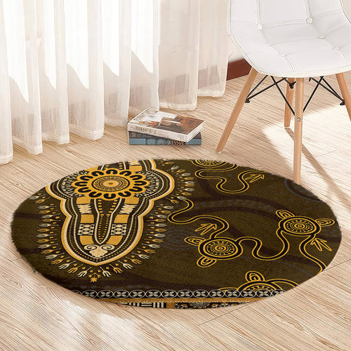 Gold African Dashiki With Australia Aboriginal Art Round Carpet