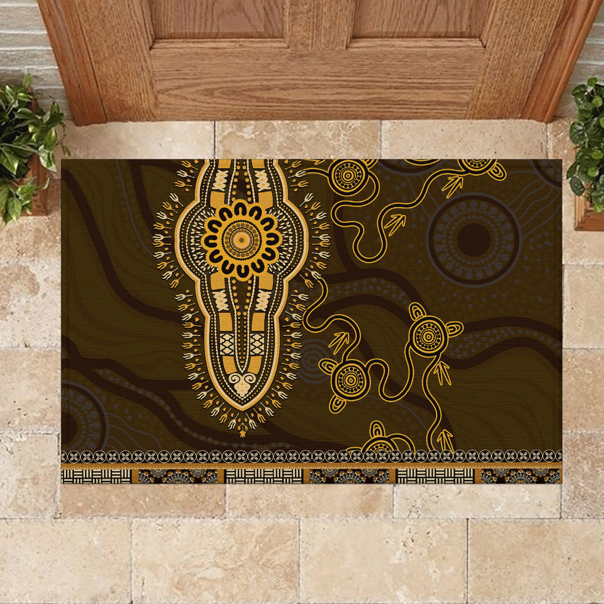 Gold African Dashiki With Australia Aboriginal Art Rubber Doormat