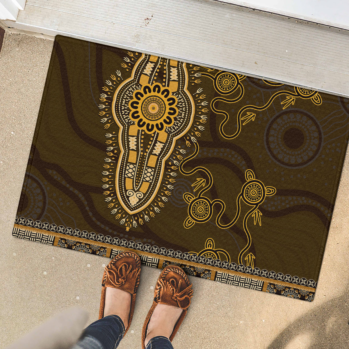 Gold African Dashiki With Australia Aboriginal Art Rubber Doormat