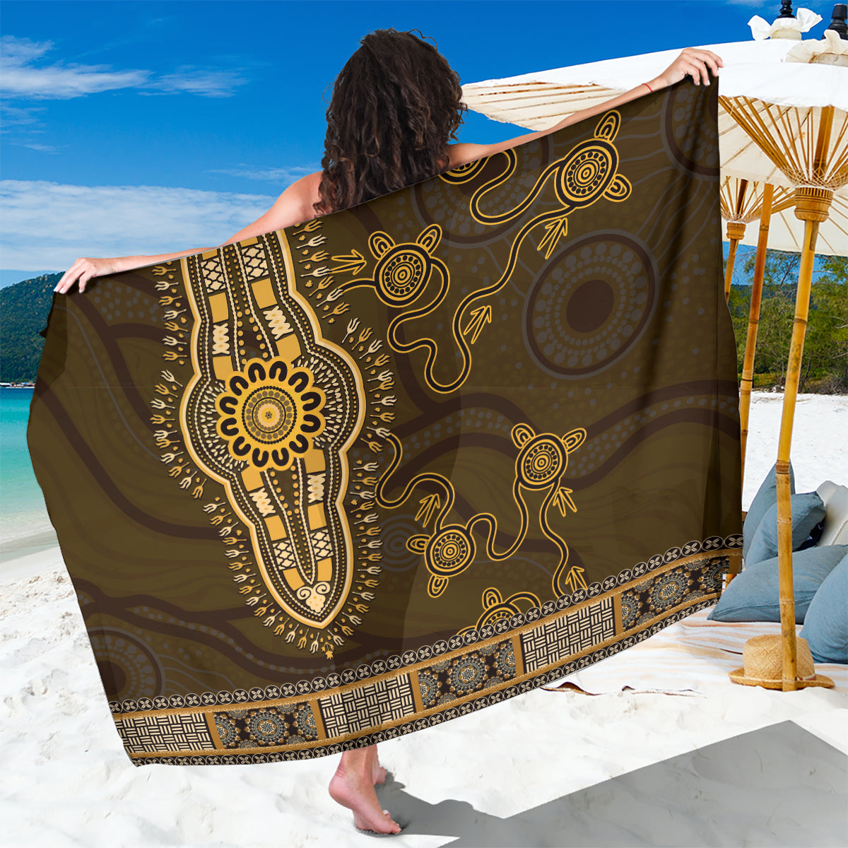 Gold African Dashiki With Australia Aboriginal Art Sarong