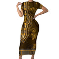 Gold African Dashiki With Australia Aboriginal Art Short Sleeve Bodycon Dress