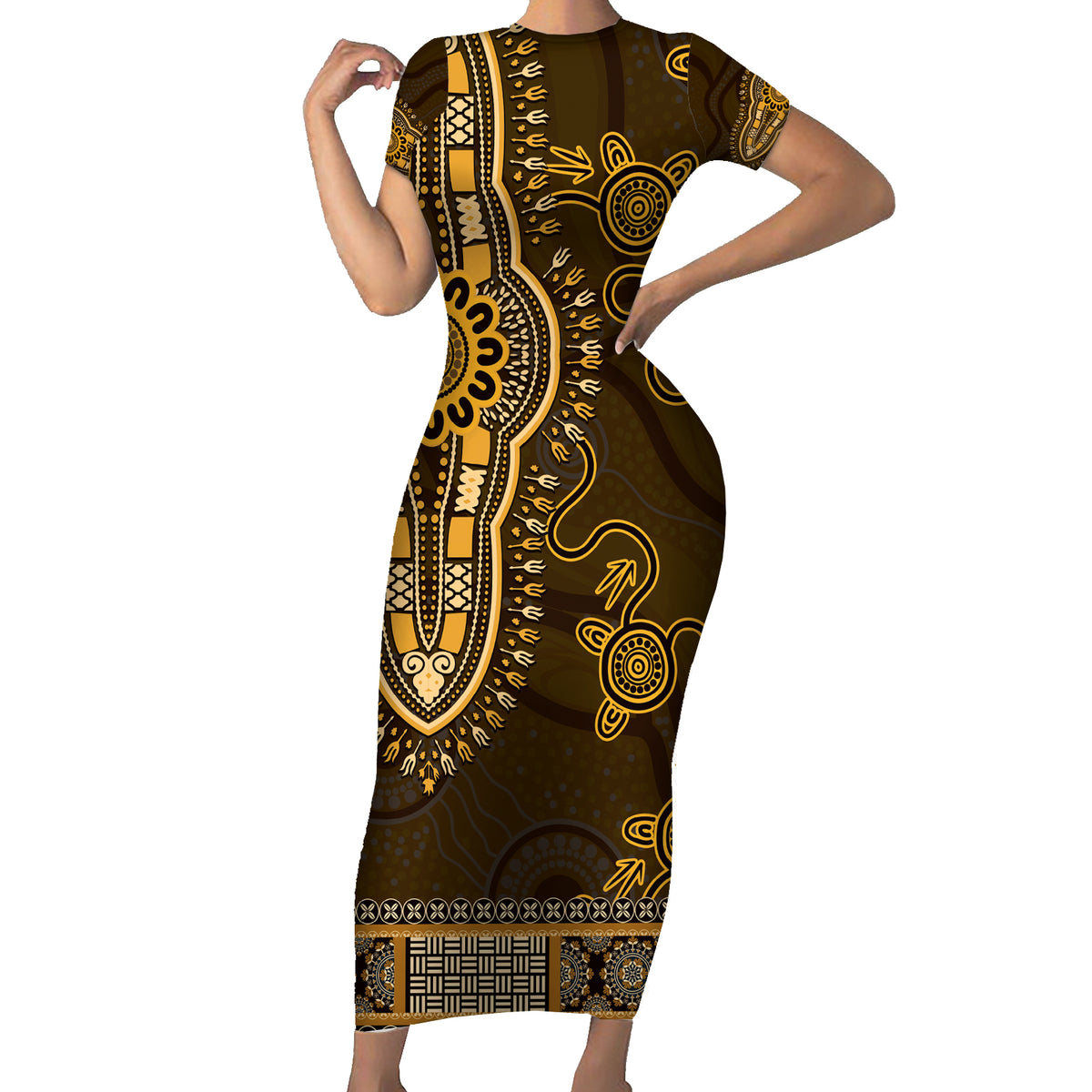 Gold African Dashiki With Australia Aboriginal Art Short Sleeve Bodycon Dress