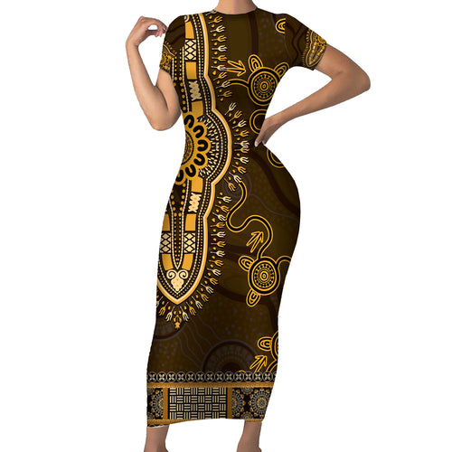 Gold African Dashiki With Australia Aboriginal Art Short Sleeve Bodycon Dress