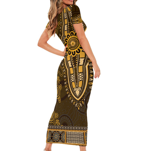 Gold African Dashiki With Australia Aboriginal Art Short Sleeve Bodycon Dress