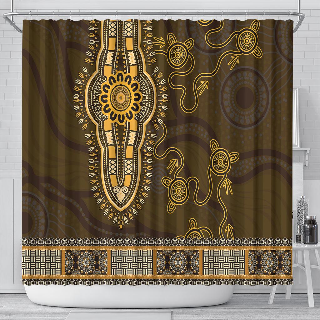 Gold African Dashiki With Australia Aboriginal Art Shower Curtain