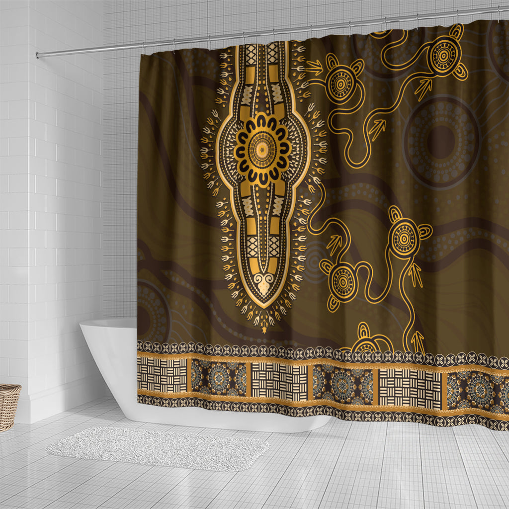Gold African Dashiki With Australia Aboriginal Art Shower Curtain