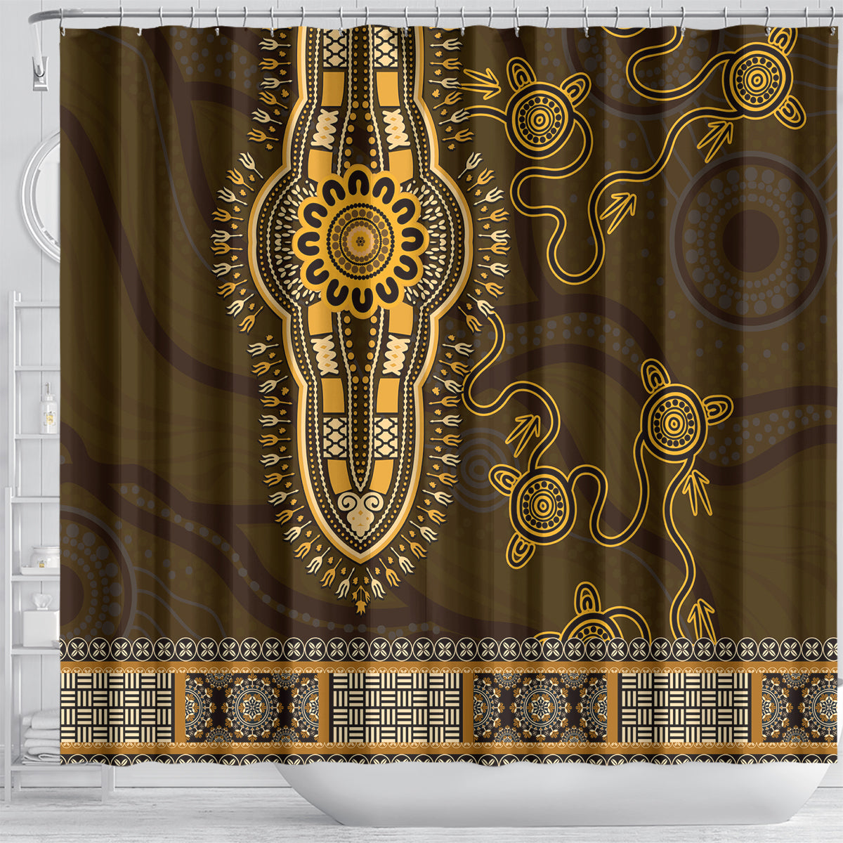 Gold African Dashiki With Australia Aboriginal Art Shower Curtain
