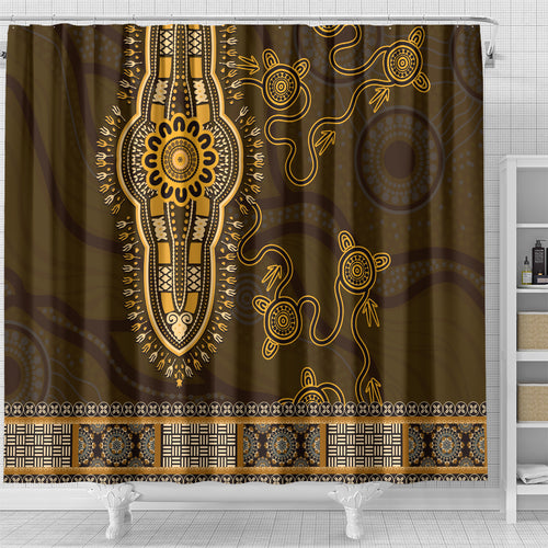 Gold African Dashiki With Australia Aboriginal Art Shower Curtain