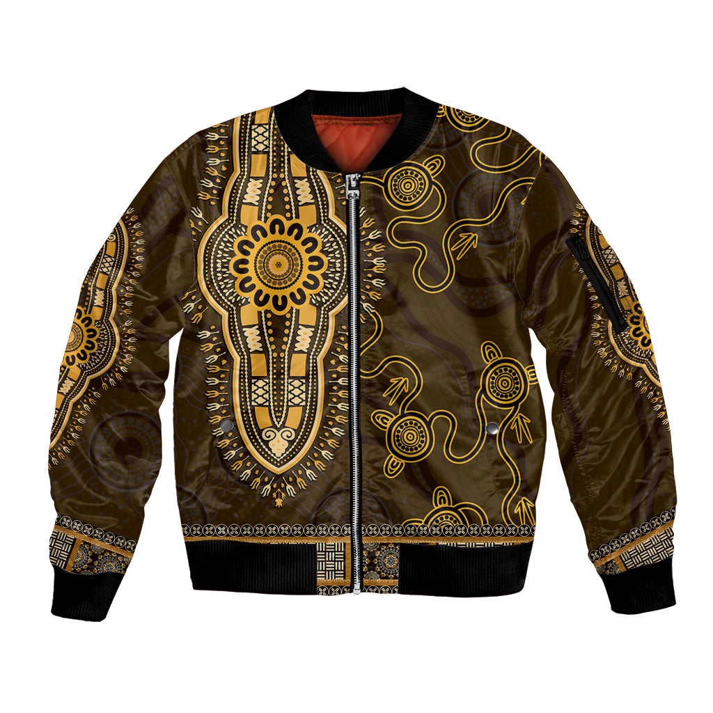 Gold African Dashiki With Australia Aboriginal Art Sleeve Zip Bomber Jacket