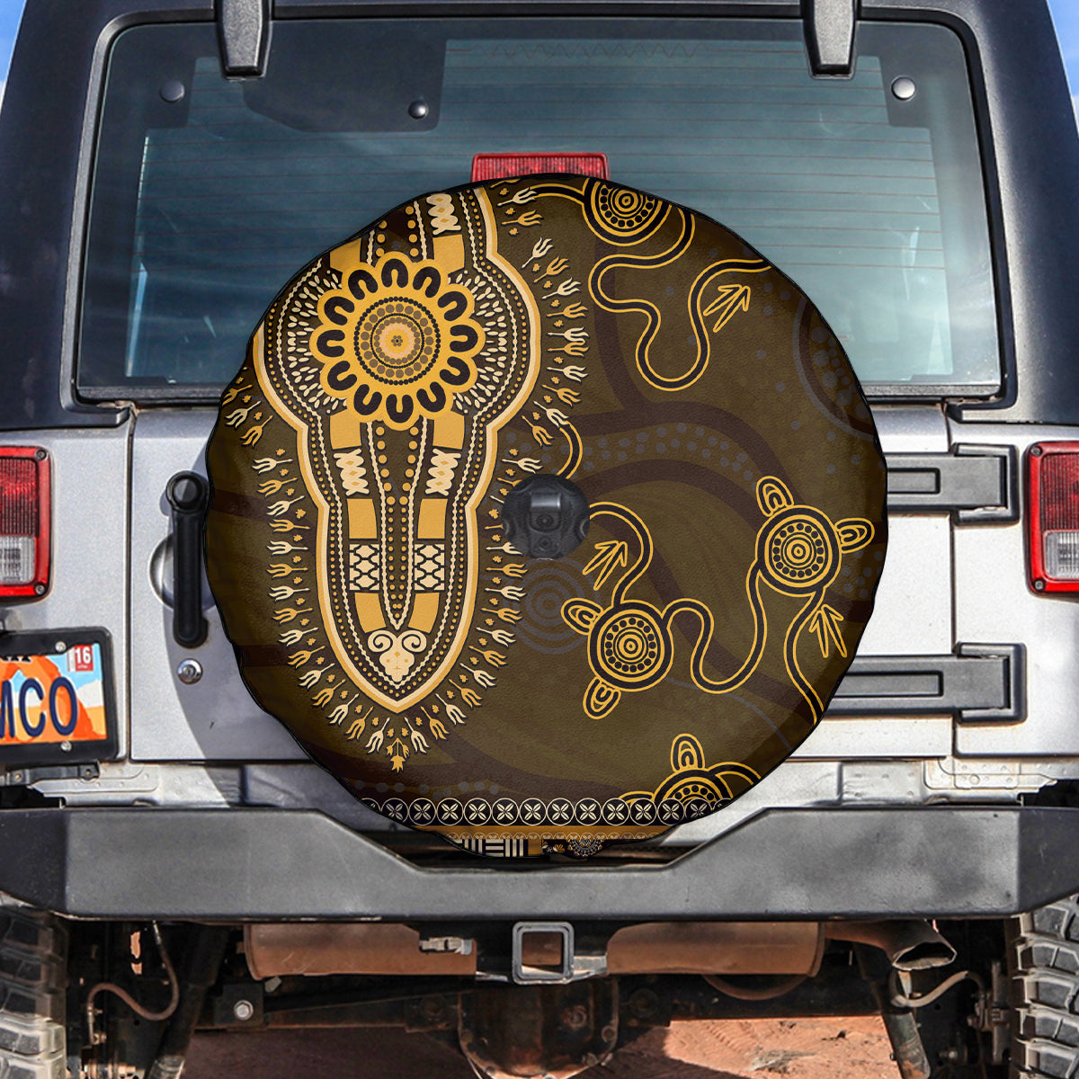 Gold African Dashiki With Australia Aboriginal Art Spare Tire Cover