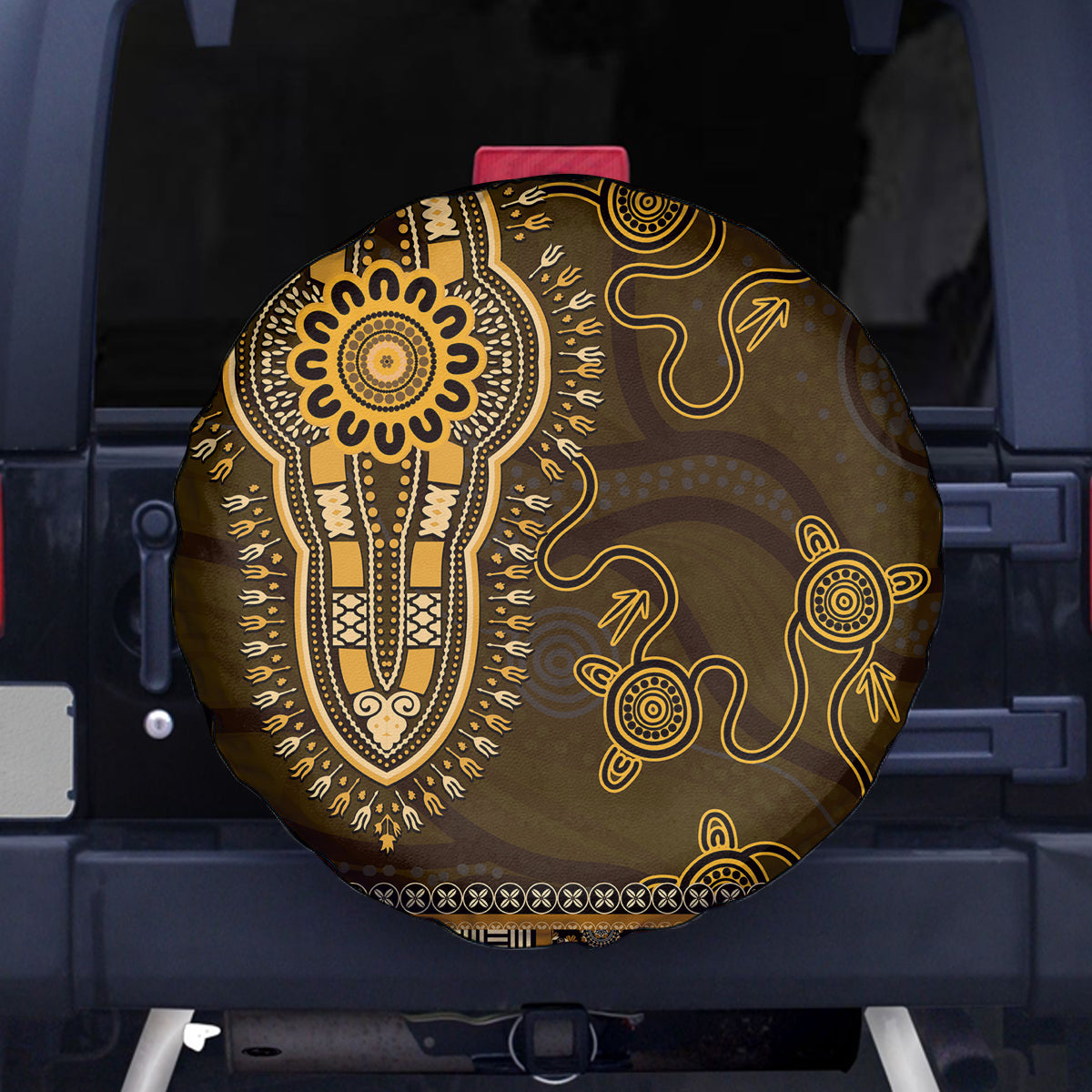 Gold African Dashiki With Australia Aboriginal Art Spare Tire Cover