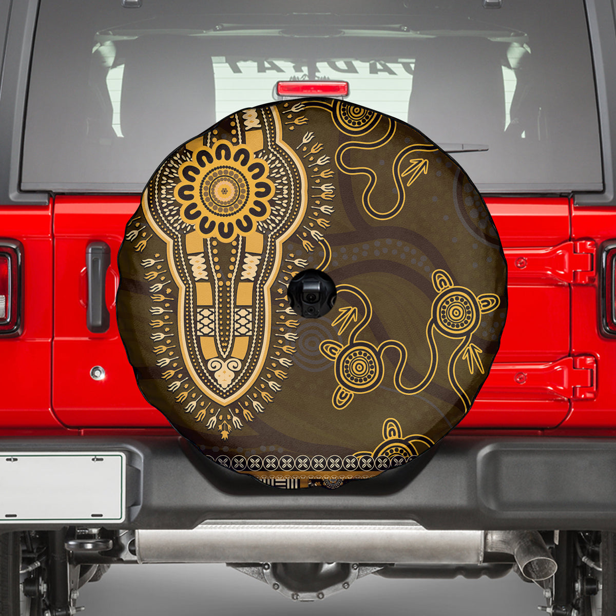 Gold African Dashiki With Australia Aboriginal Art Spare Tire Cover