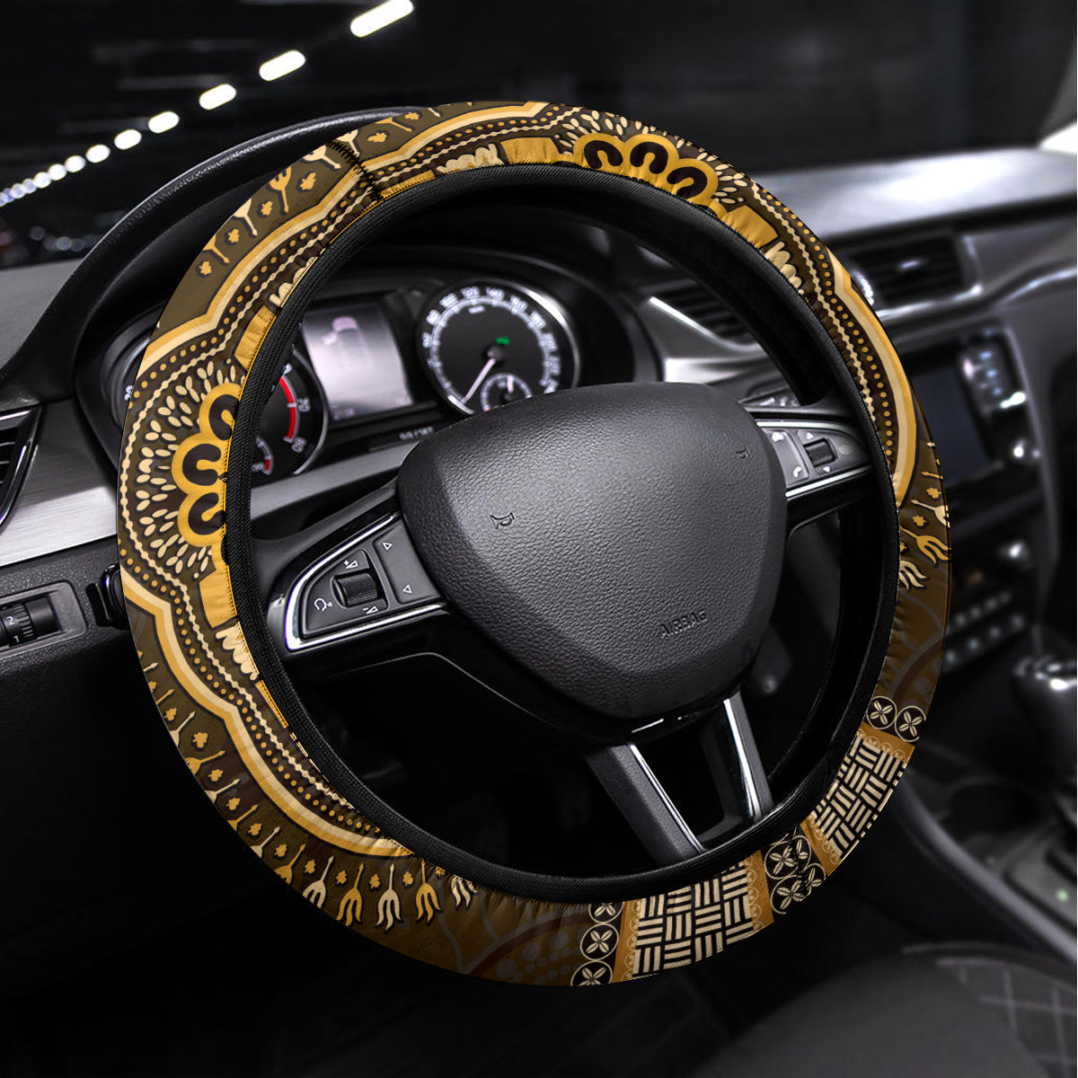 Gold African Dashiki With Australia Aboriginal Art Steering Wheel Cover