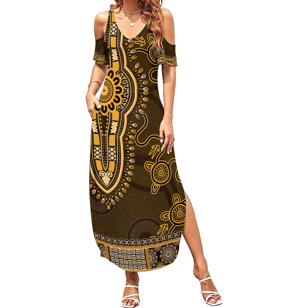 Gold African Dashiki With Australia Aboriginal Art Summer Maxi Dress