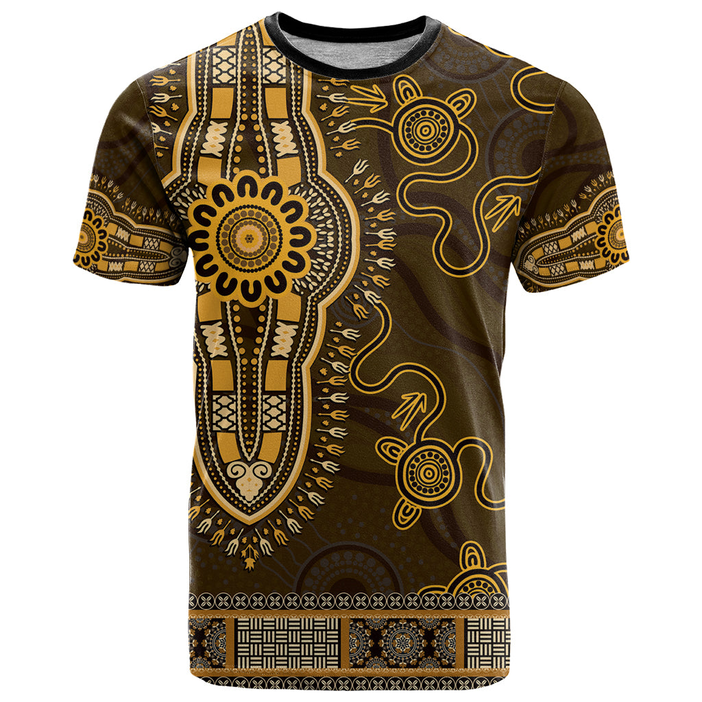 Gold African Dashiki With Australia Aboriginal Art T Shirt