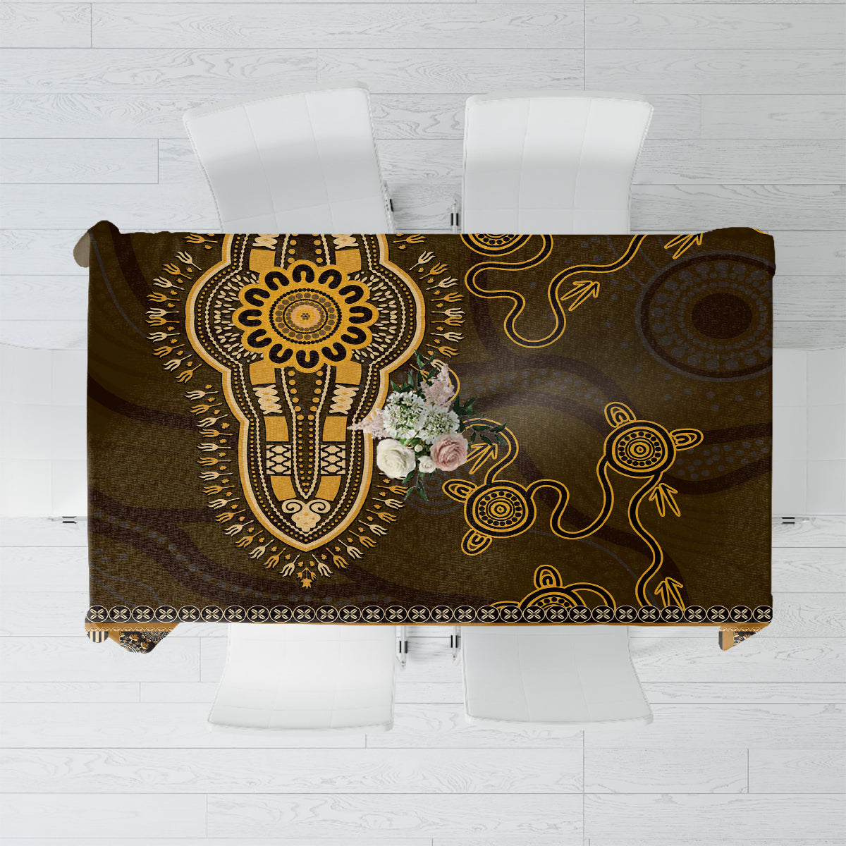 Gold African Dashiki With Australia Aboriginal Art Tablecloth
