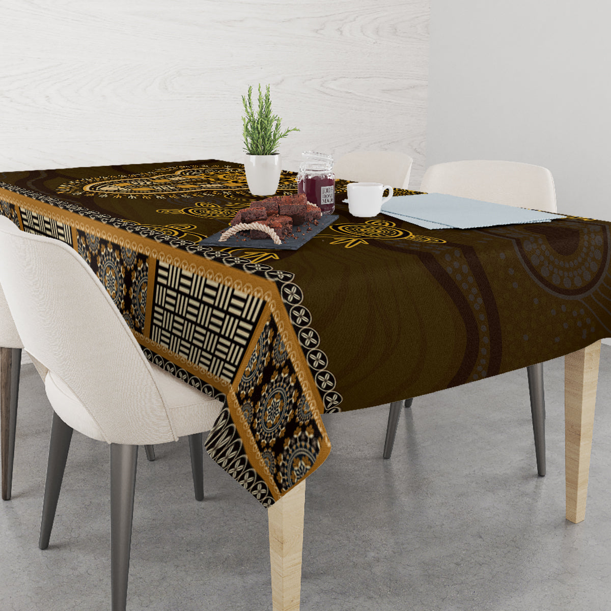 Gold African Dashiki With Australia Aboriginal Art Tablecloth
