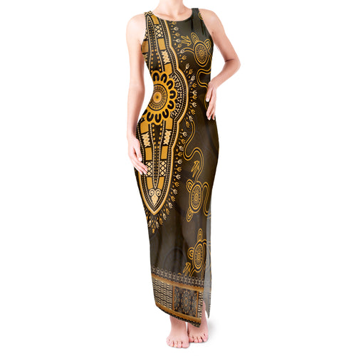 Gold African Dashiki With Australia Aboriginal Art Tank Maxi Dress