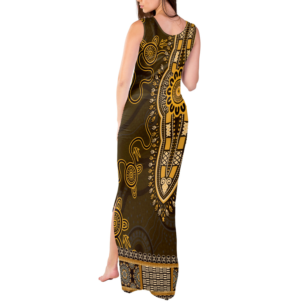Gold African Dashiki With Australia Aboriginal Art Tank Maxi Dress