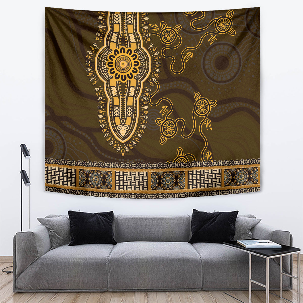Gold African Dashiki With Australia Aboriginal Art Tapestry