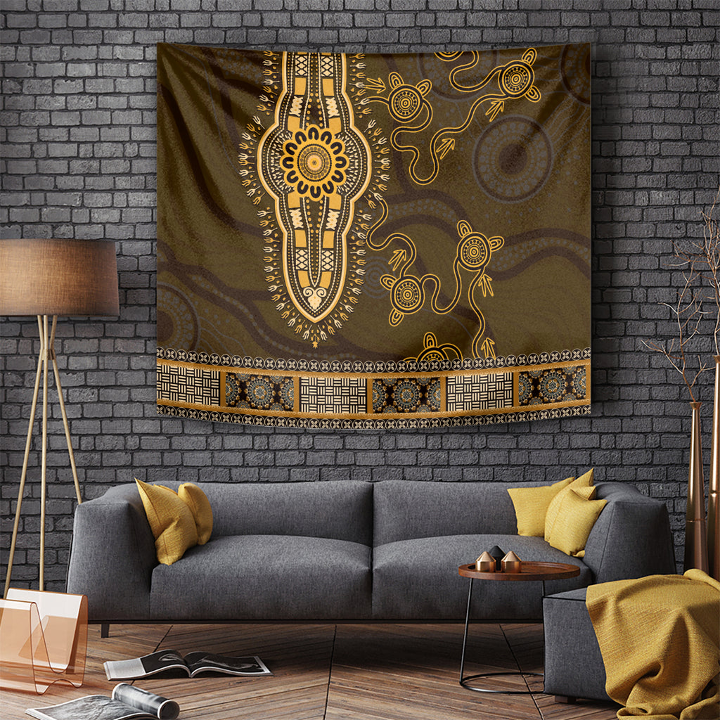 Gold African Dashiki With Australia Aboriginal Art Tapestry