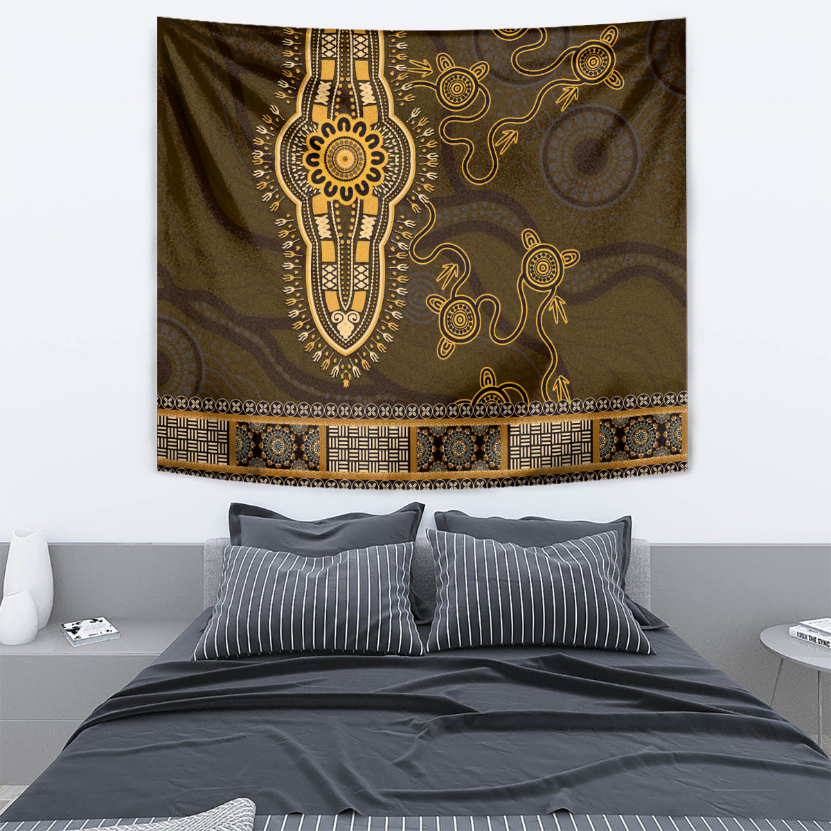Gold African Dashiki With Australia Aboriginal Art Tapestry