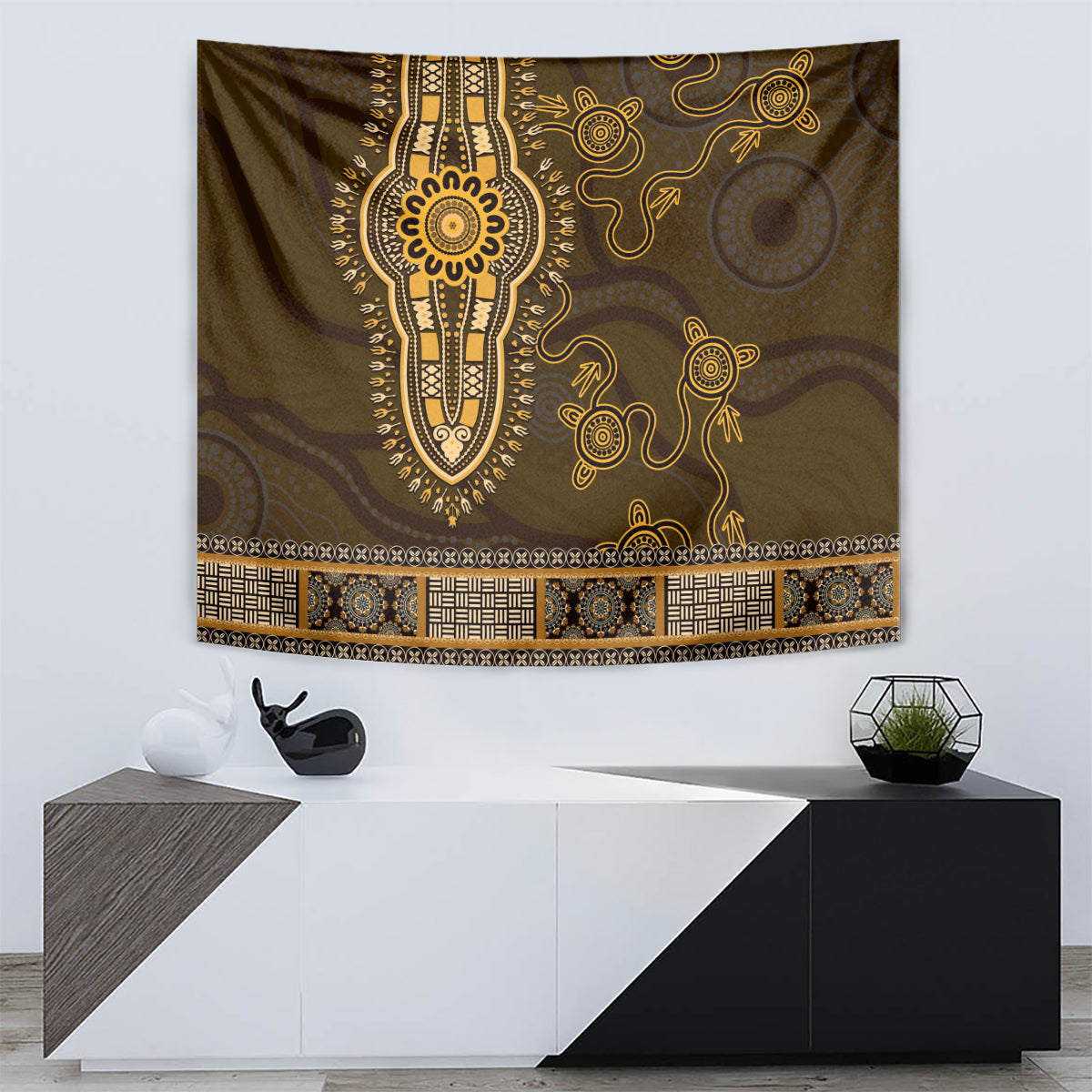Gold African Dashiki With Australia Aboriginal Art Tapestry