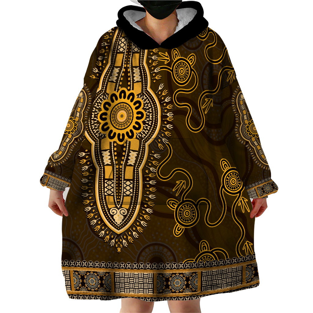 Gold African Dashiki With Australia Aboriginal Art Wearable Blanket Hoodie