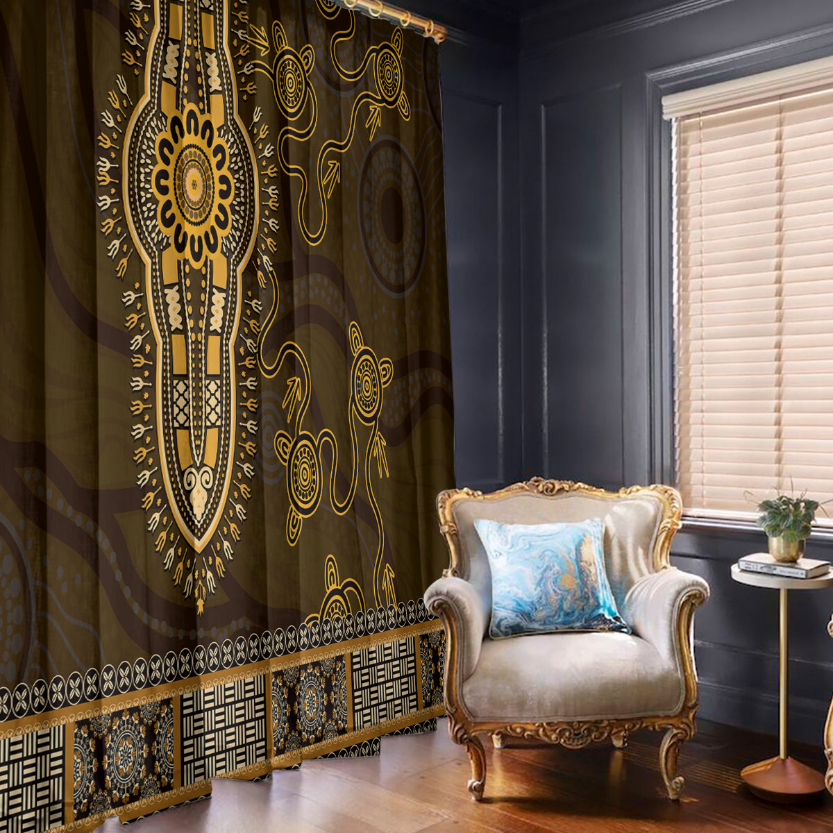 Gold African Dashiki With Australia Aboriginal Art Window Curtain