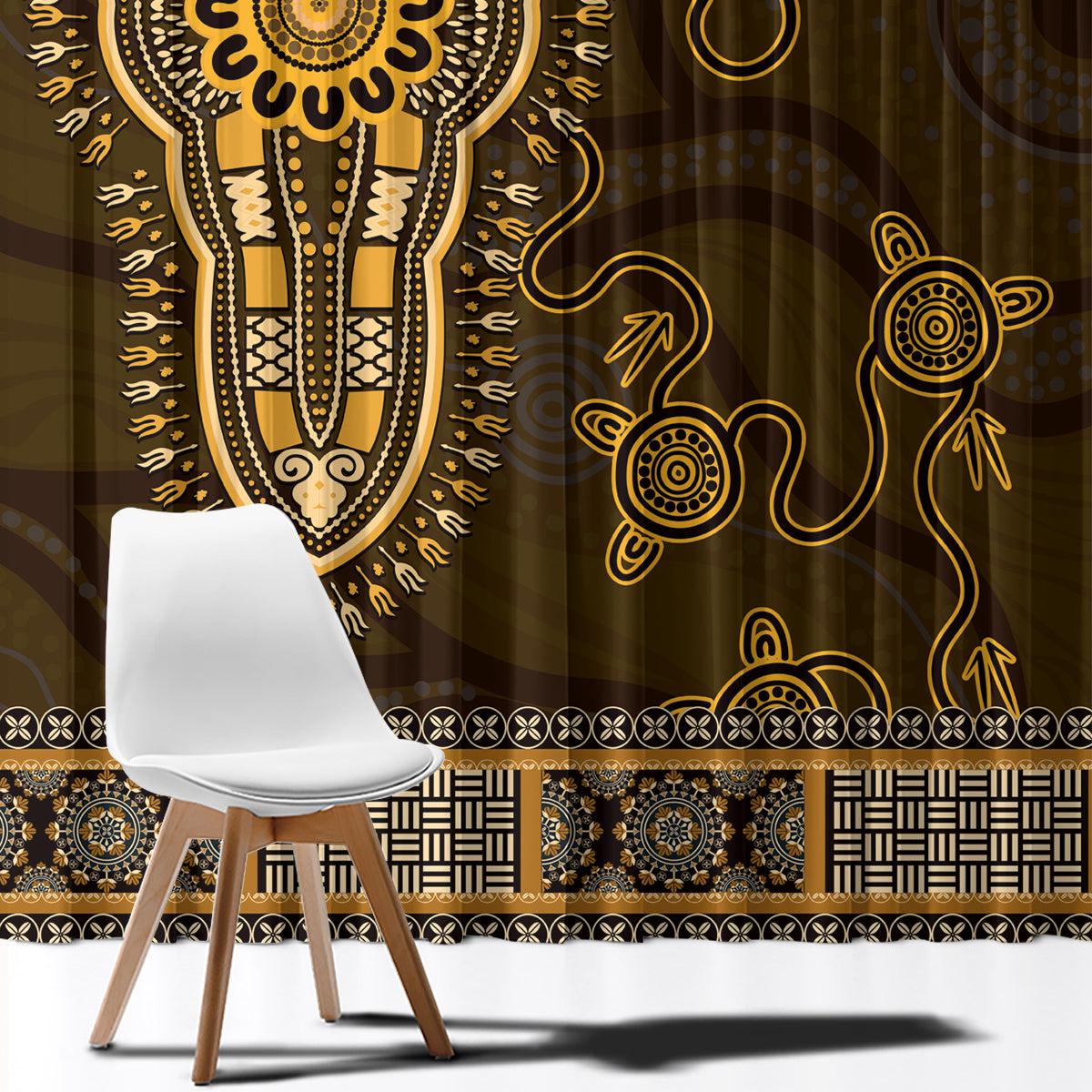 Gold African Dashiki With Australia Aboriginal Art Window Curtain