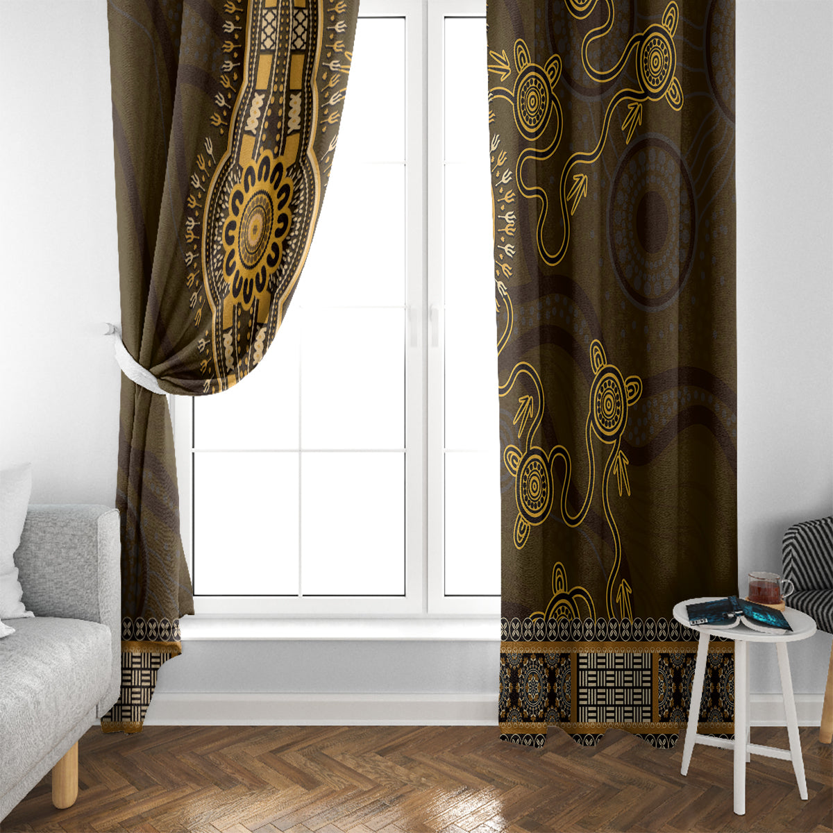 Gold African Dashiki With Australia Aboriginal Art Window Curtain