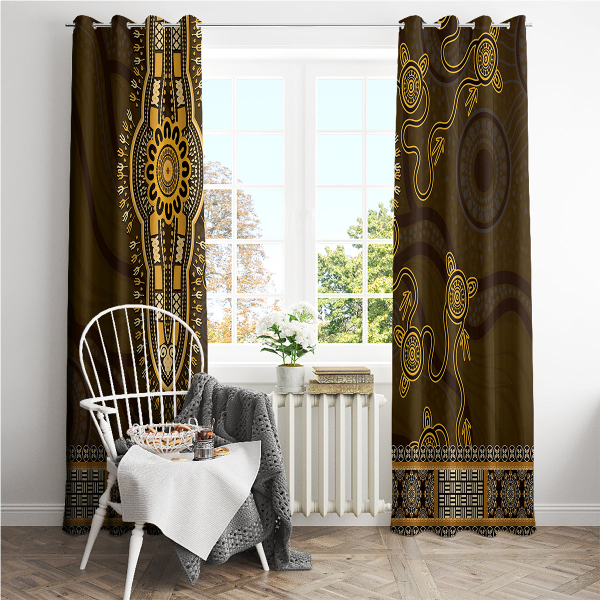 Gold African Dashiki With Australia Aboriginal Art Window Curtain