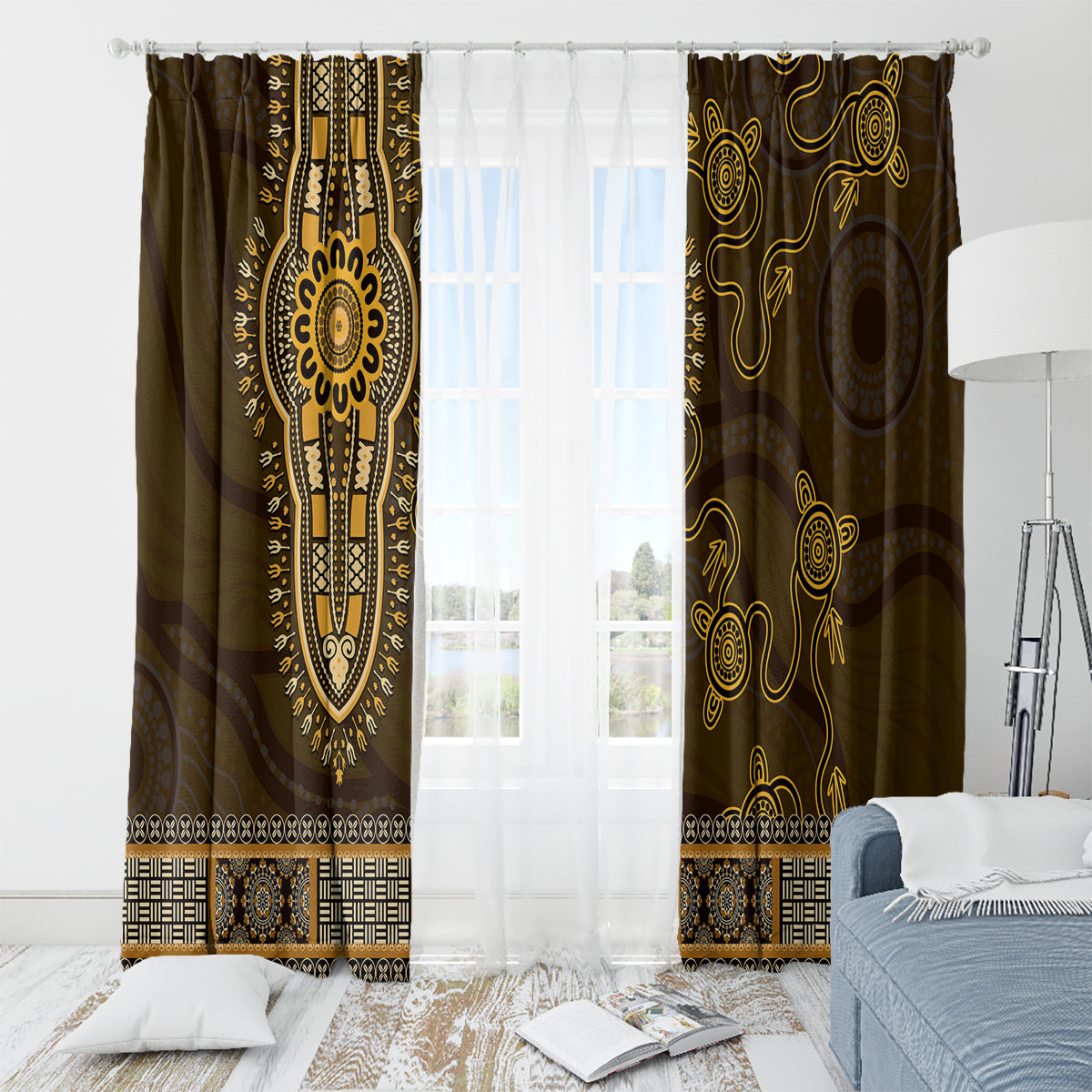 Gold African Dashiki With Australia Aboriginal Art Window Curtain