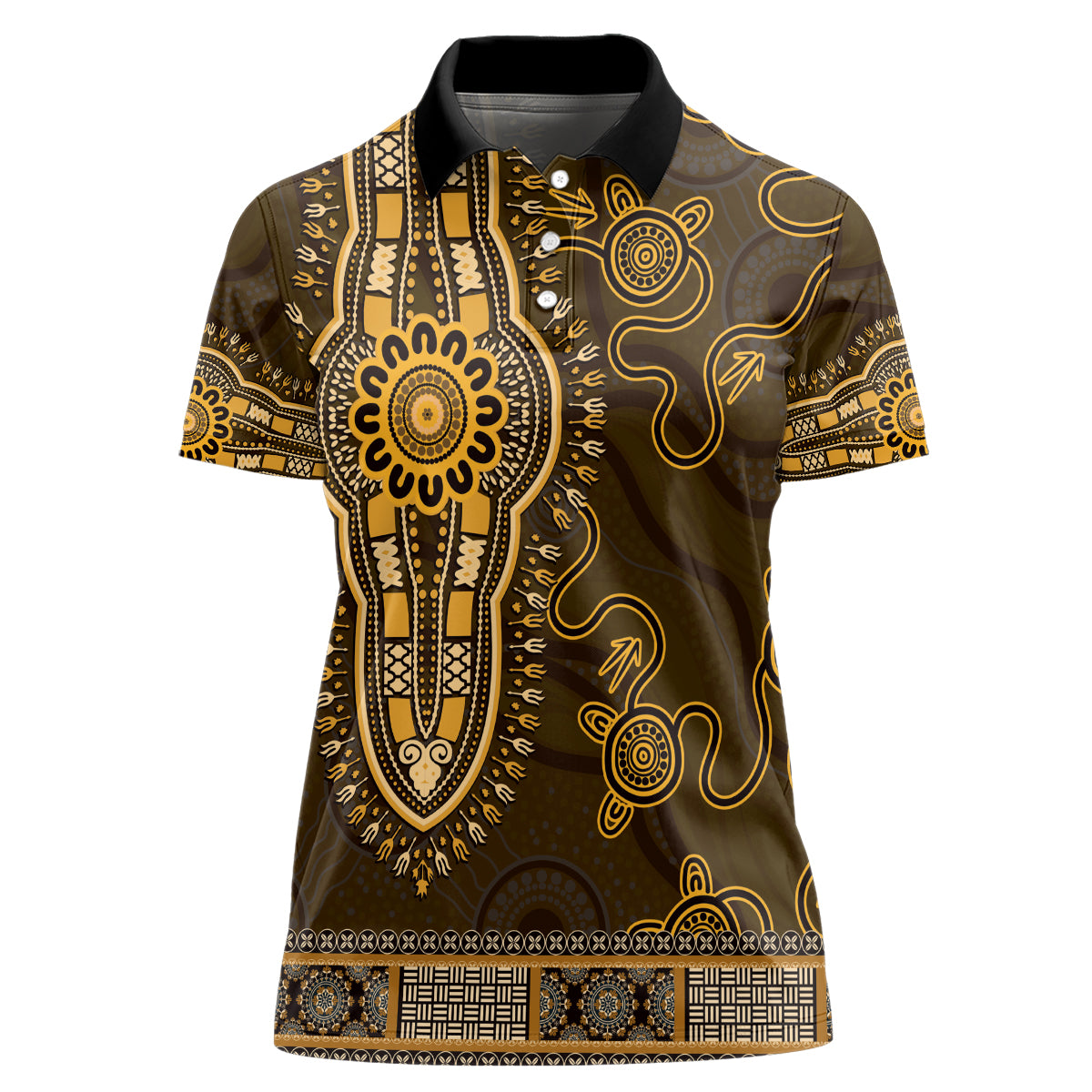 Gold African Dashiki With Australia Aboriginal Art Women Polo Shirt