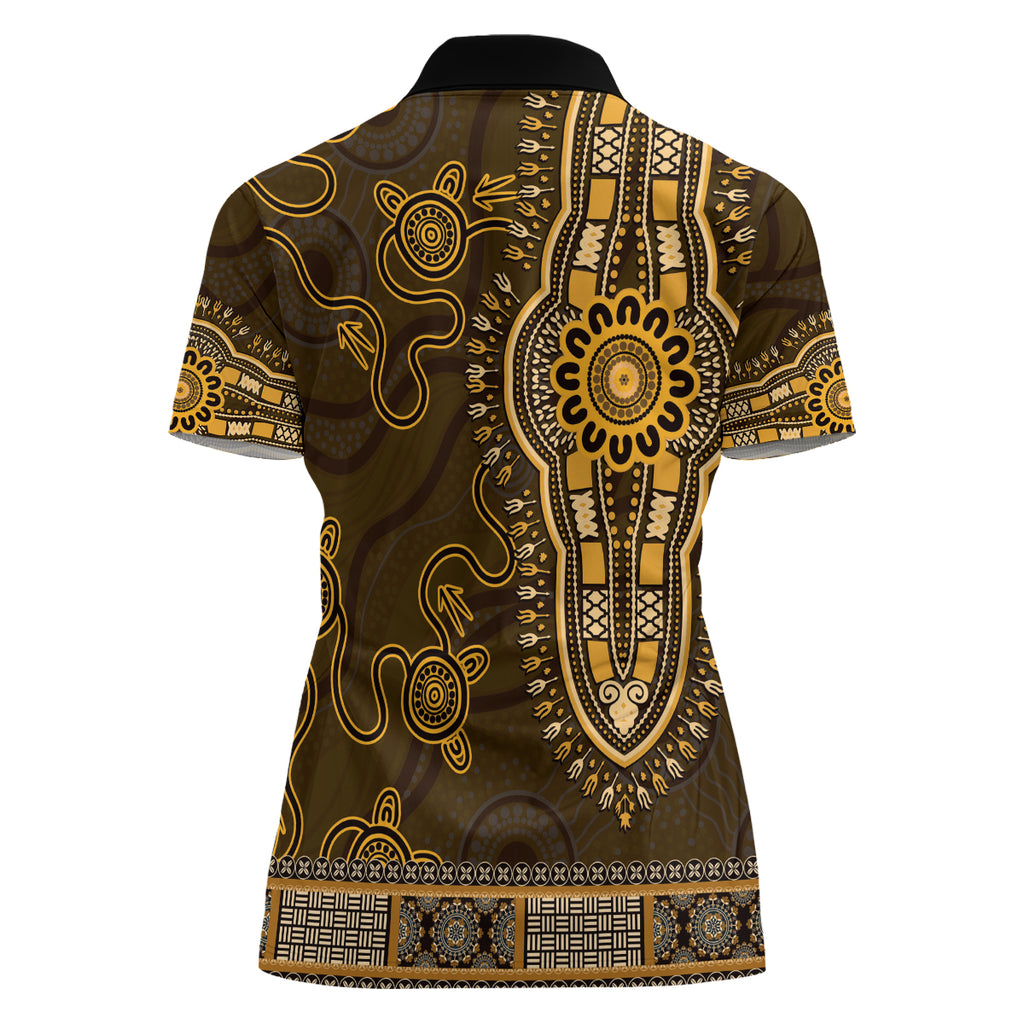 Gold African Dashiki With Australia Aboriginal Art Women Polo Shirt