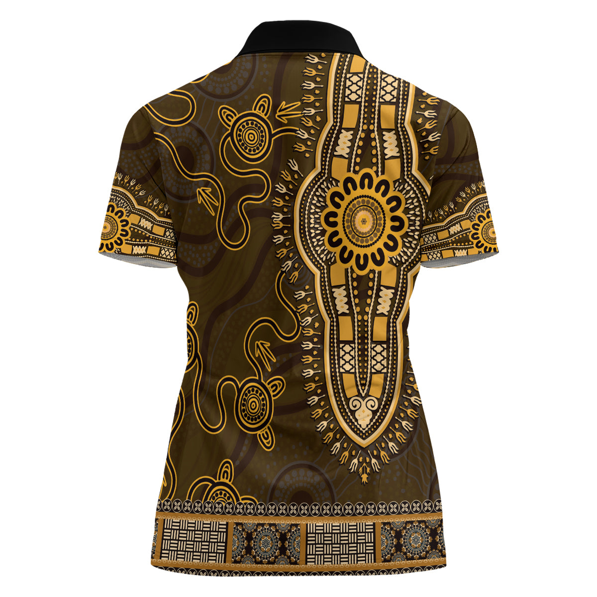 Gold African Dashiki With Australia Aboriginal Art Women Polo Shirt