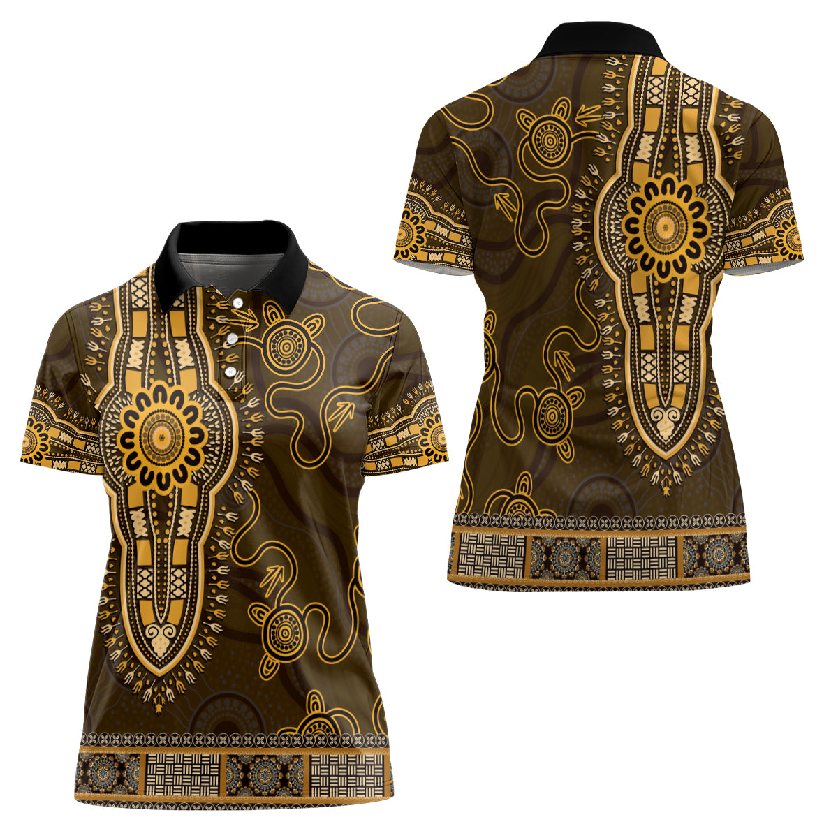 Gold African Dashiki With Australia Aboriginal Art Women Polo Shirt