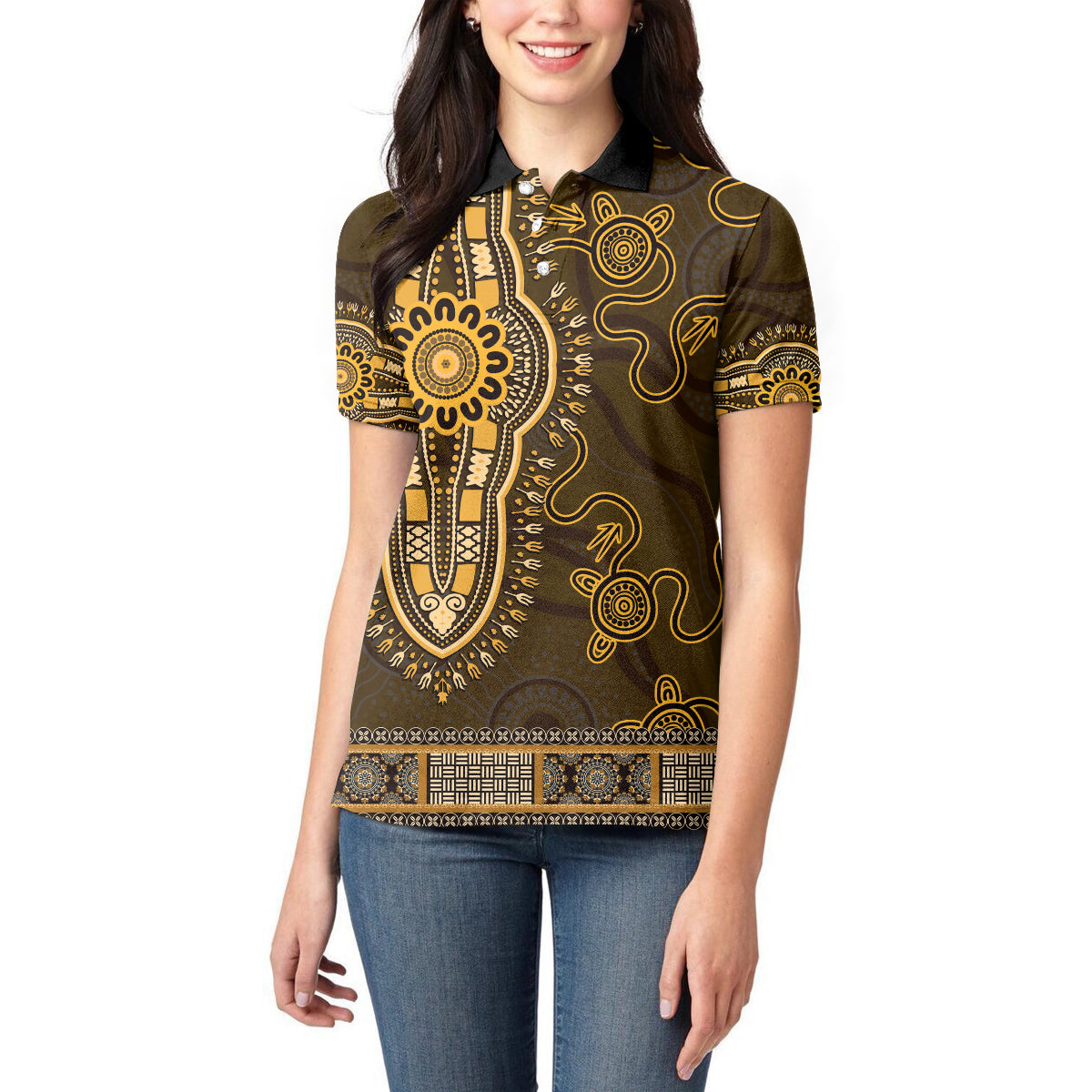 Gold African Dashiki With Australia Aboriginal Art Women Polo Shirt