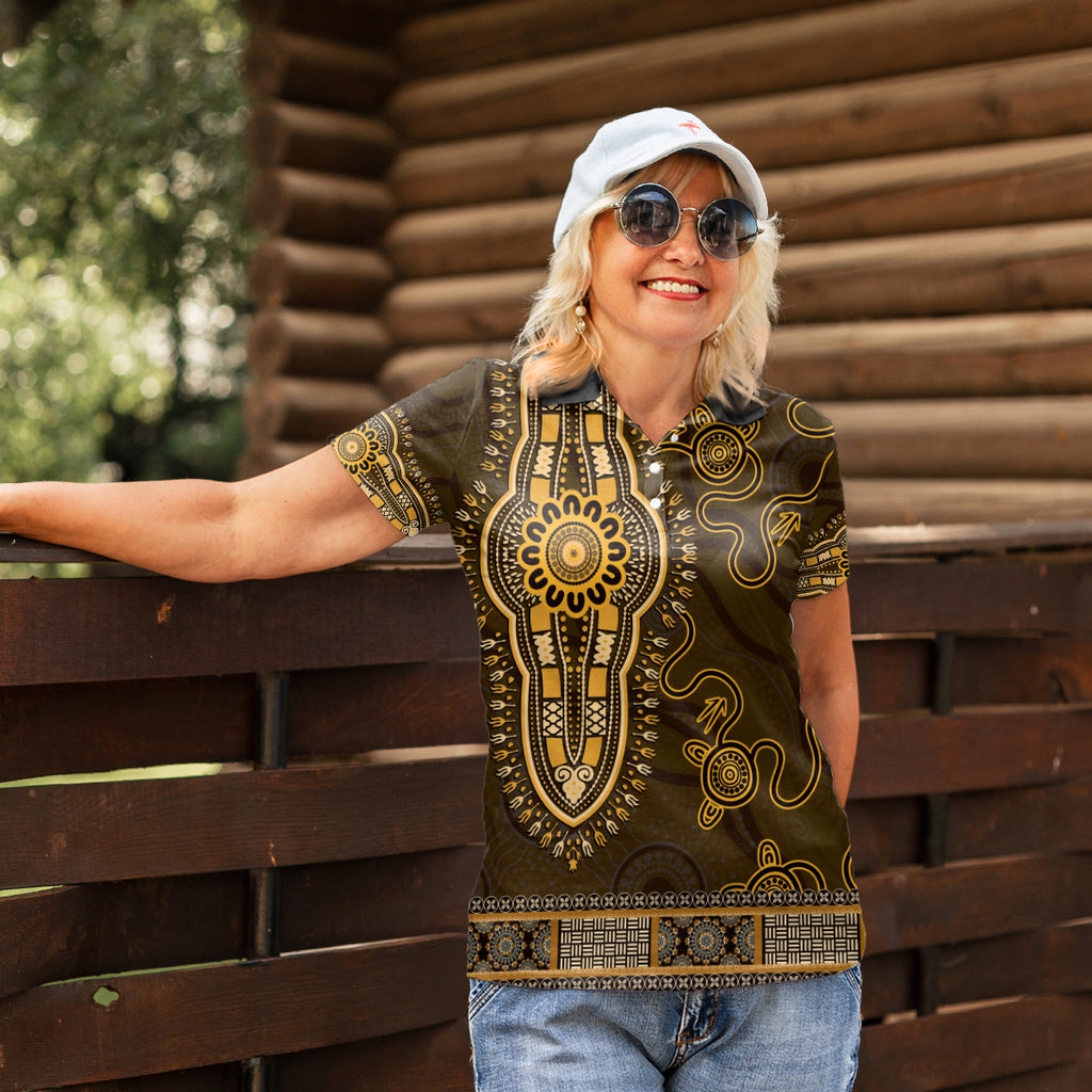Gold African Dashiki With Australia Aboriginal Art Women Polo Shirt