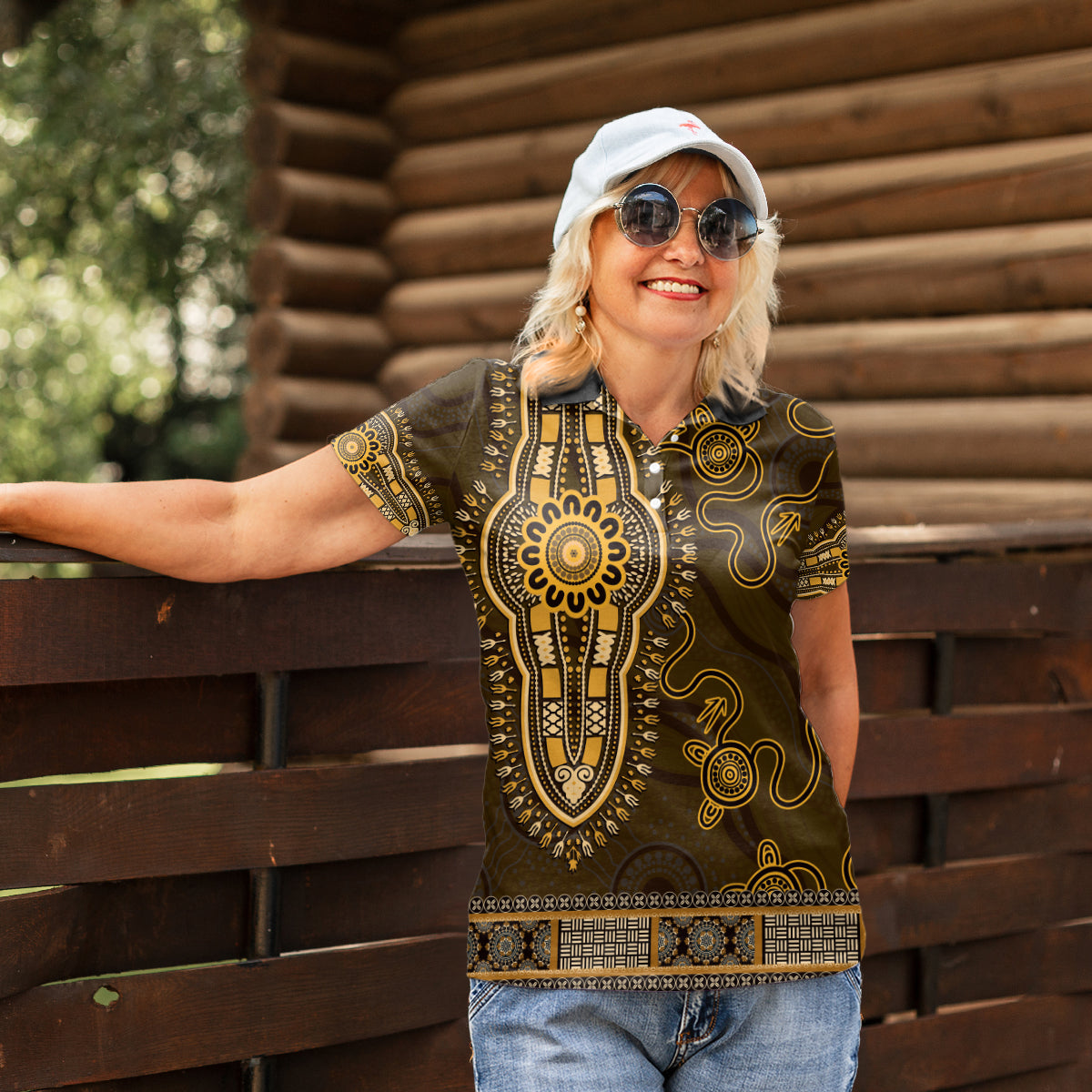 Gold African Dashiki With Australia Aboriginal Art Women Polo Shirt