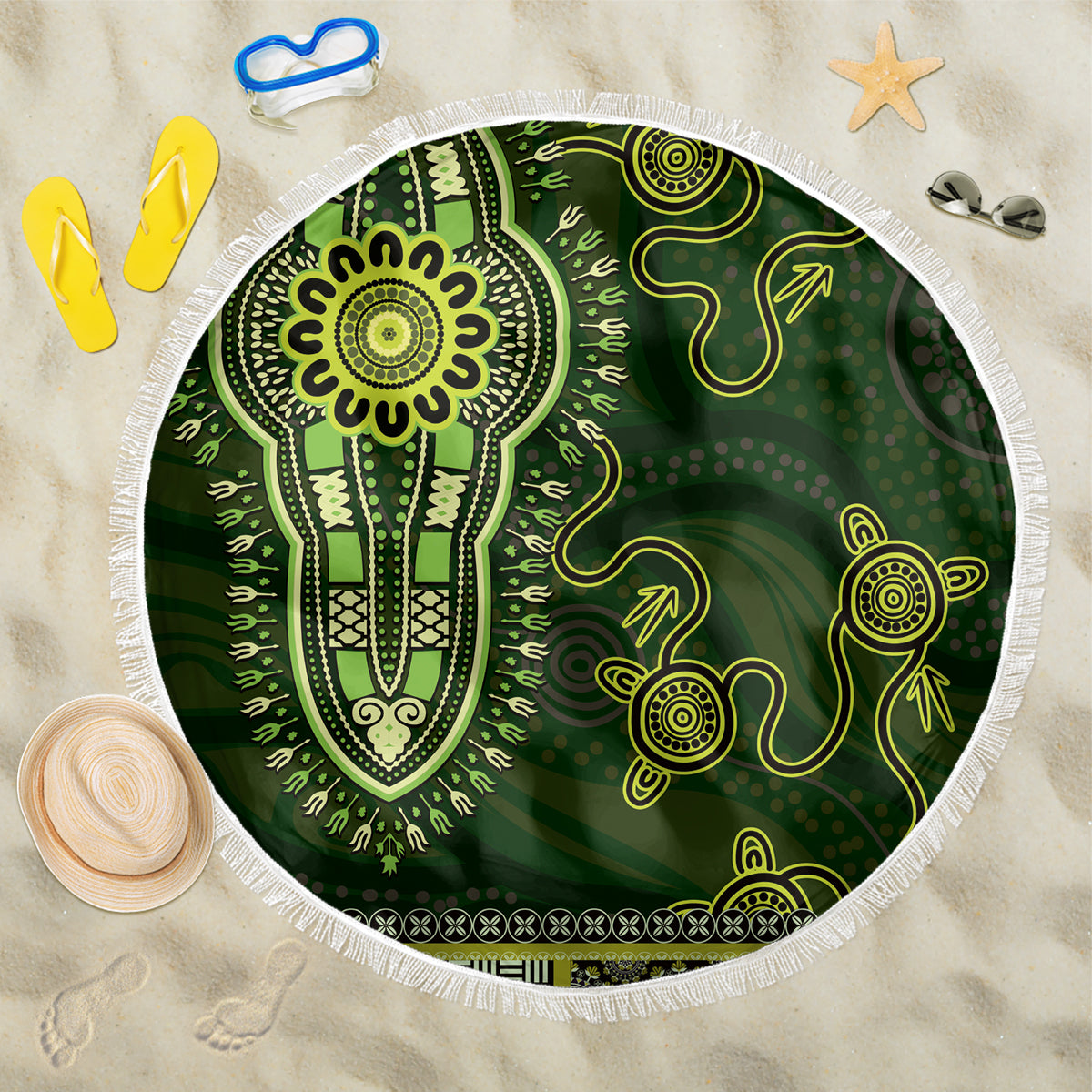 Lime Green African Dashiki With Australia Aboriginal Art Beach Blanket