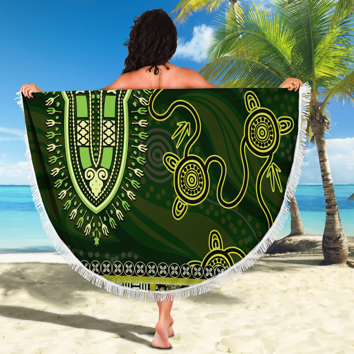 Lime Green African Dashiki With Australia Aboriginal Art Beach Blanket