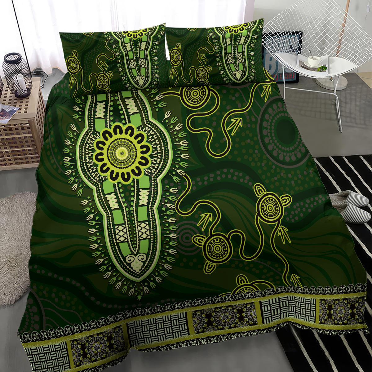 Lime Green African Dashiki With Australia Aboriginal Art Bedding Set
