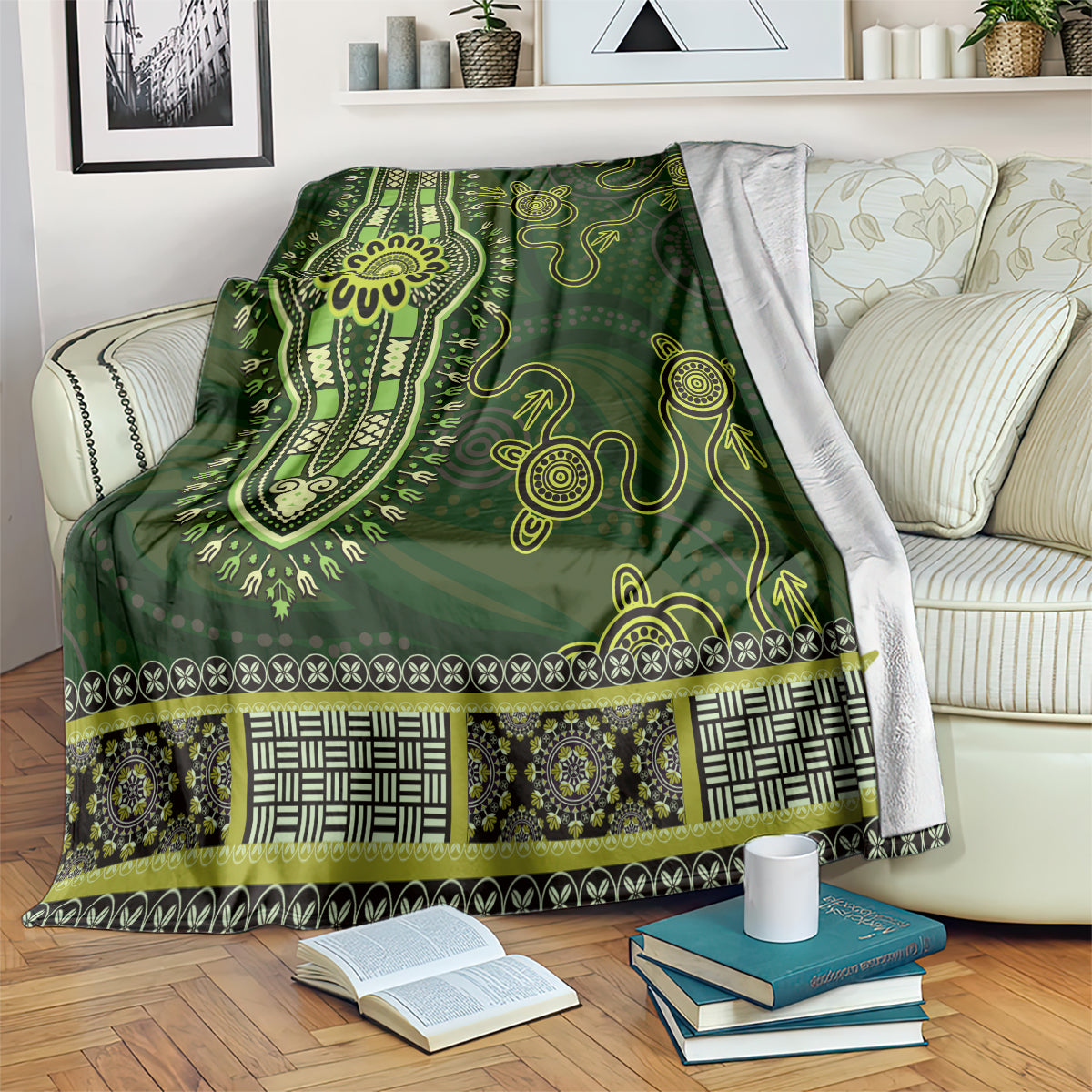 Lime Green African Dashiki With Australia Aboriginal Art Blanket