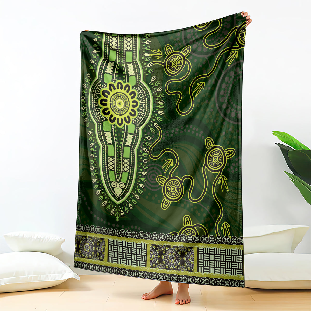 Lime Green African Dashiki With Australia Aboriginal Art Blanket