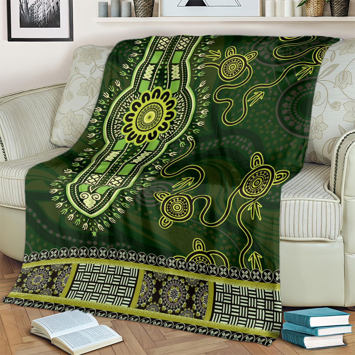 Lime Green African Dashiki With Australia Aboriginal Art Blanket