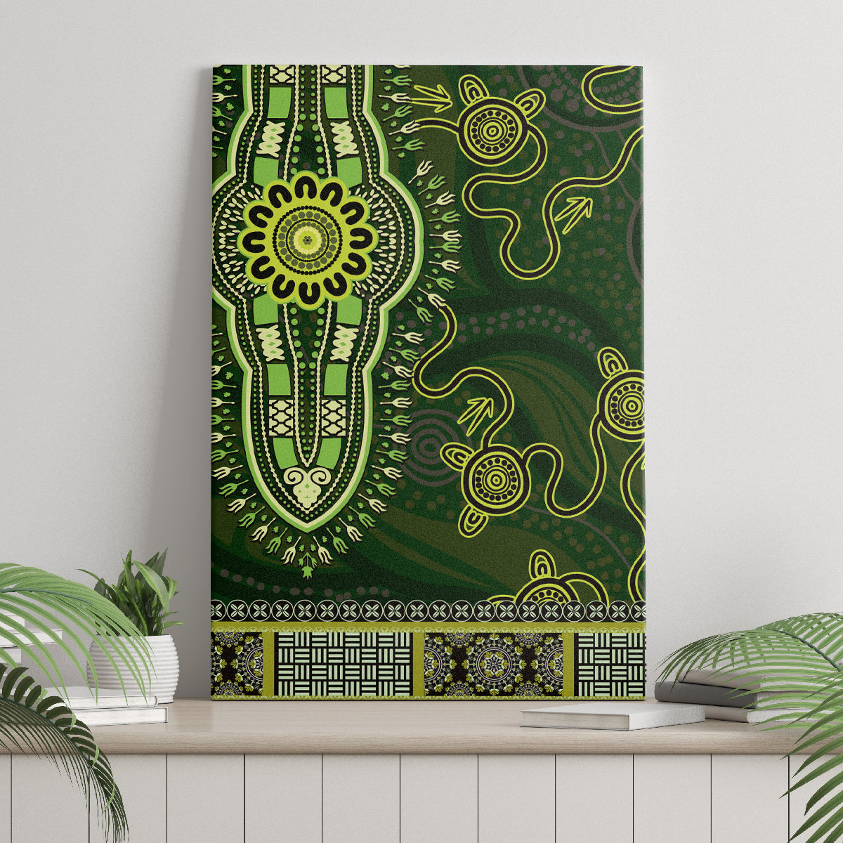 Lime Green African Dashiki With Australia Aboriginal Art Canvas Wall Art