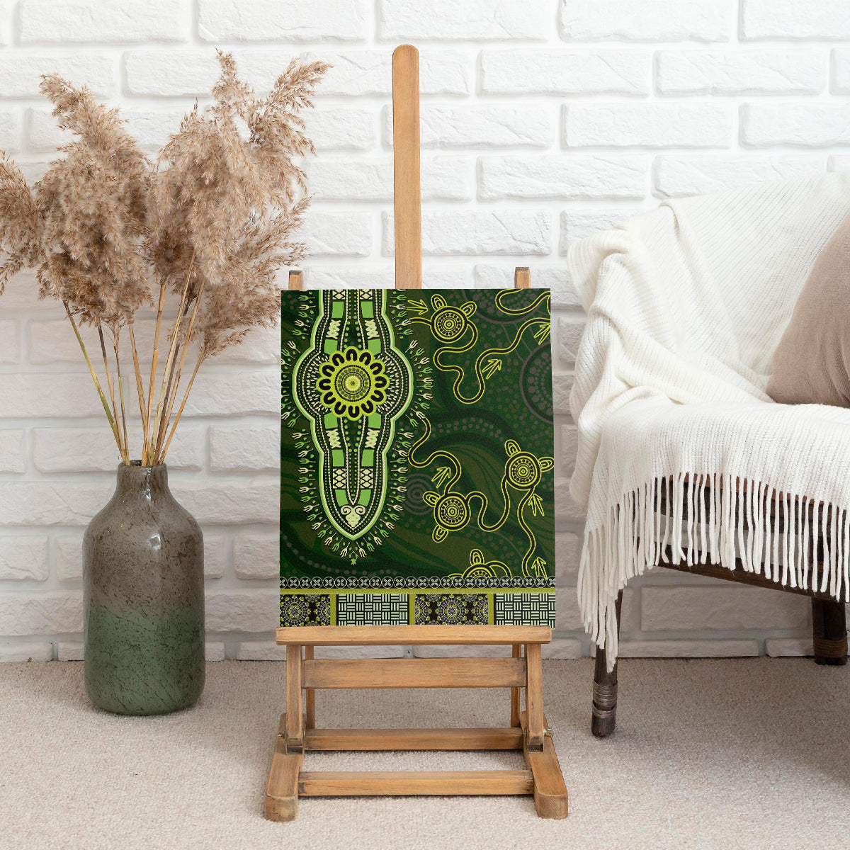 Lime Green African Dashiki With Australia Aboriginal Art Canvas Wall Art