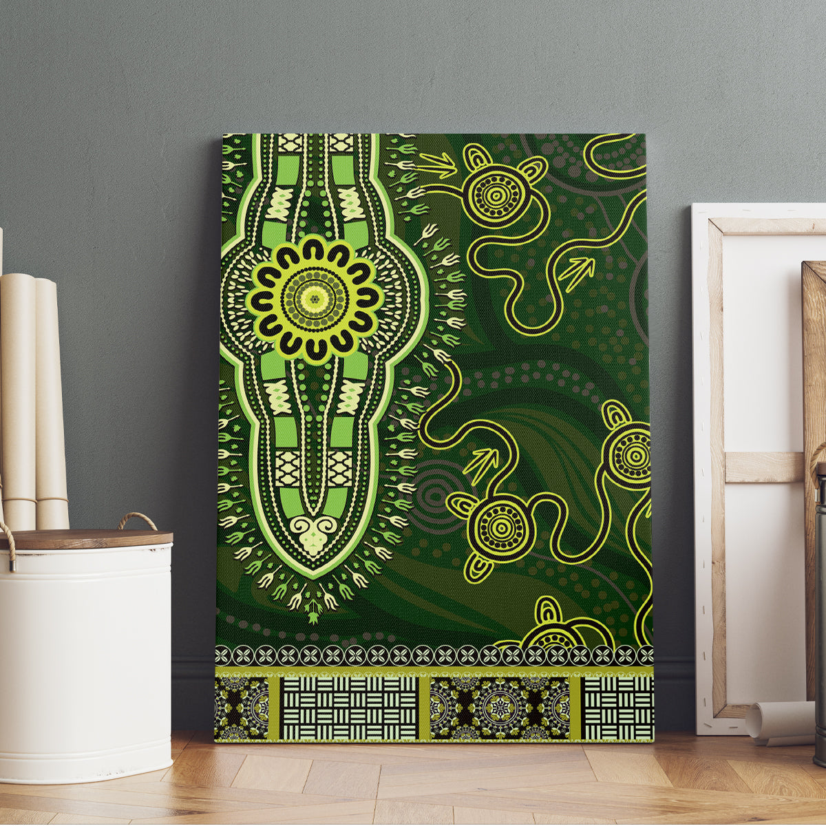 Lime Green African Dashiki With Australia Aboriginal Art Canvas Wall Art